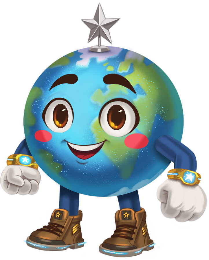 Atlo, a round smiling globe with a silver star on top, amber eyes, white gloves and boots