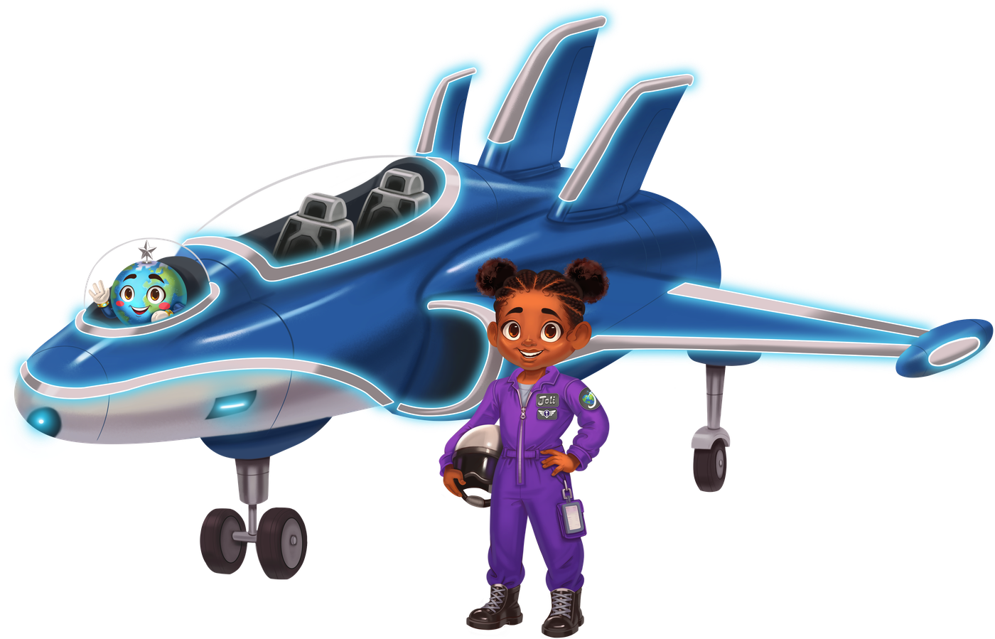 Joli Jaunts standing beside Zorty the blue jet, with Atlo the globe in the nose