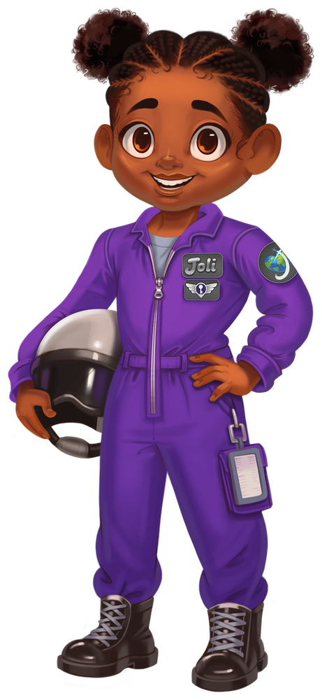 Joli Jaunts, an eight-year-old girl in a purple flight suit holding a helmet