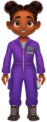 Joli Jaunts in her purple flight suit